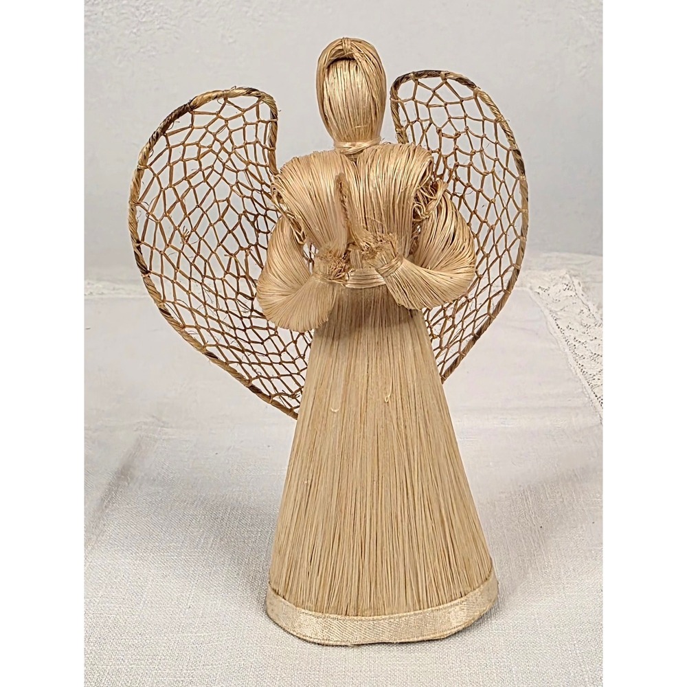 Vintage Handcrafted Woven Straw Angel Figurine Praying Folk Art Decor 5.25 Inch